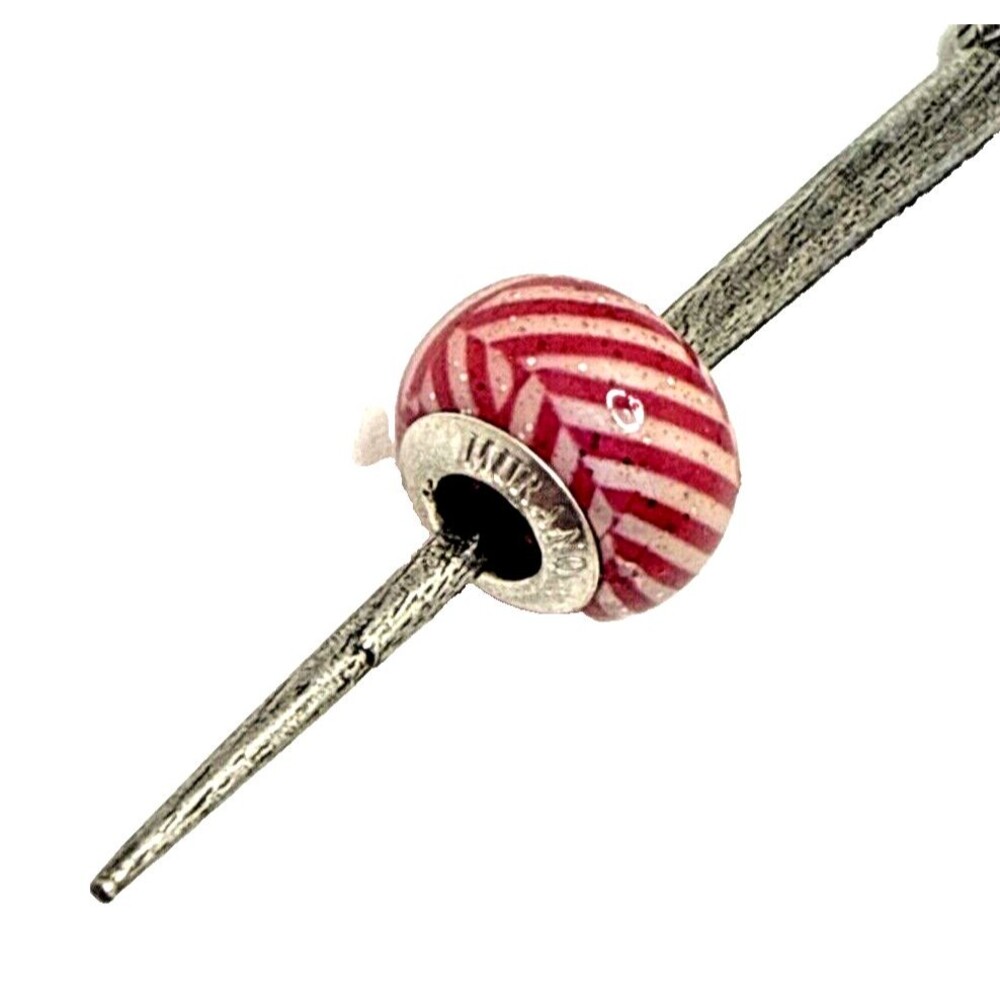 MURANO Glass European Charm Bead Sterling Silver 925 Red Chevron Italy
